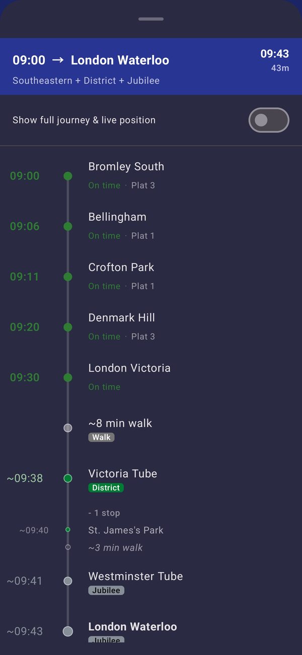 FleetWatch full journey view in dark mode showing each rail stop, a walk, and a Tube change from Victoria to Waterloo