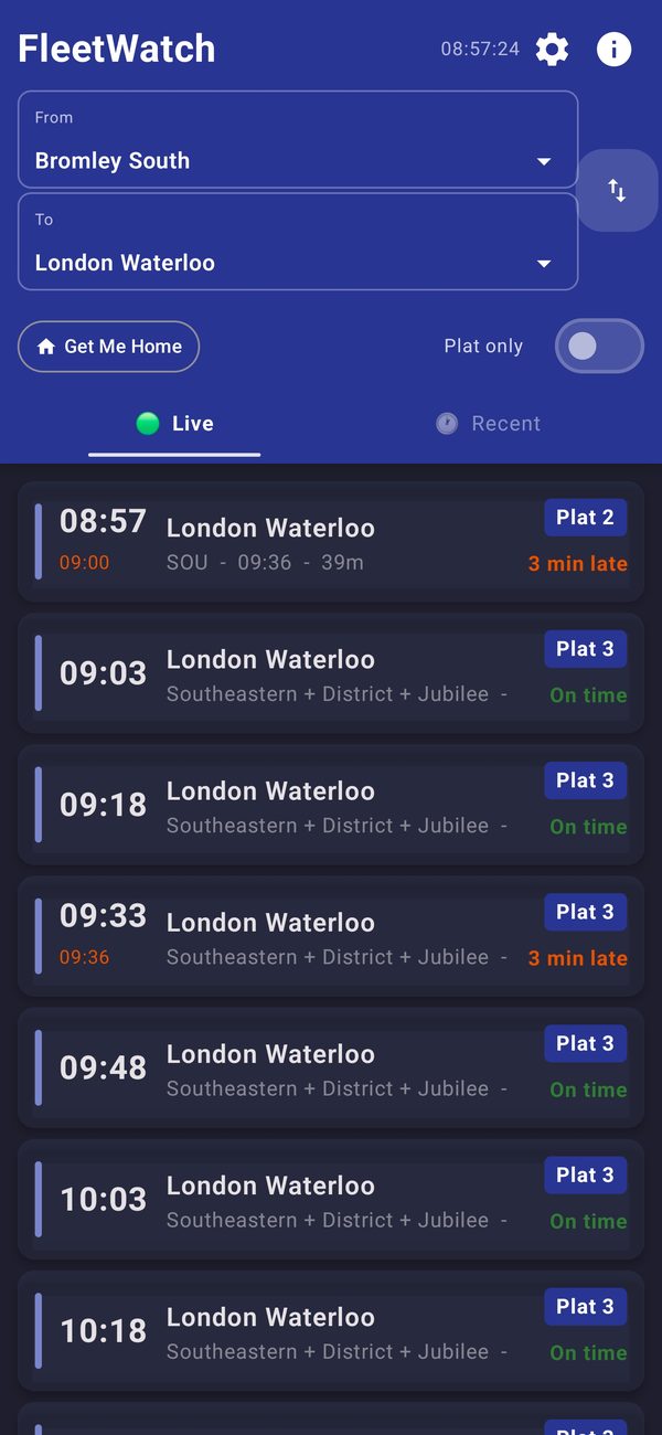 FleetWatch live departure board in dark mode, Bromley South to London Waterloo, with platforms and on-time or late status for each train