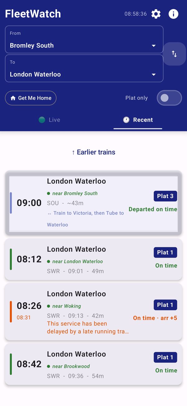 FleetWatch Recent tab in light mode listing earlier trains with where each one is now and how late it is