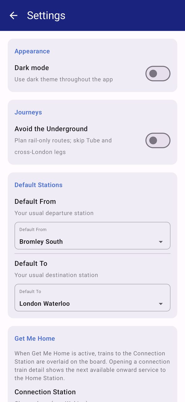 FleetWatch settings in light mode with a dark mode switch, an avoid-the-Underground option and default stations