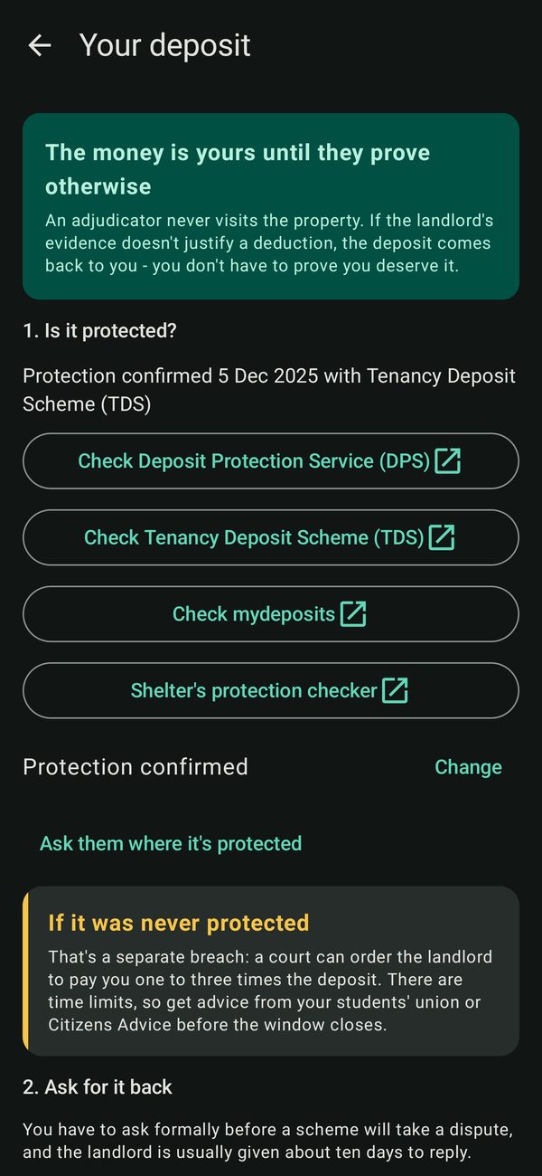Your deposit screen explaining that the money is yours until the landlord proves otherwise, with links to check the deposit protection schemes