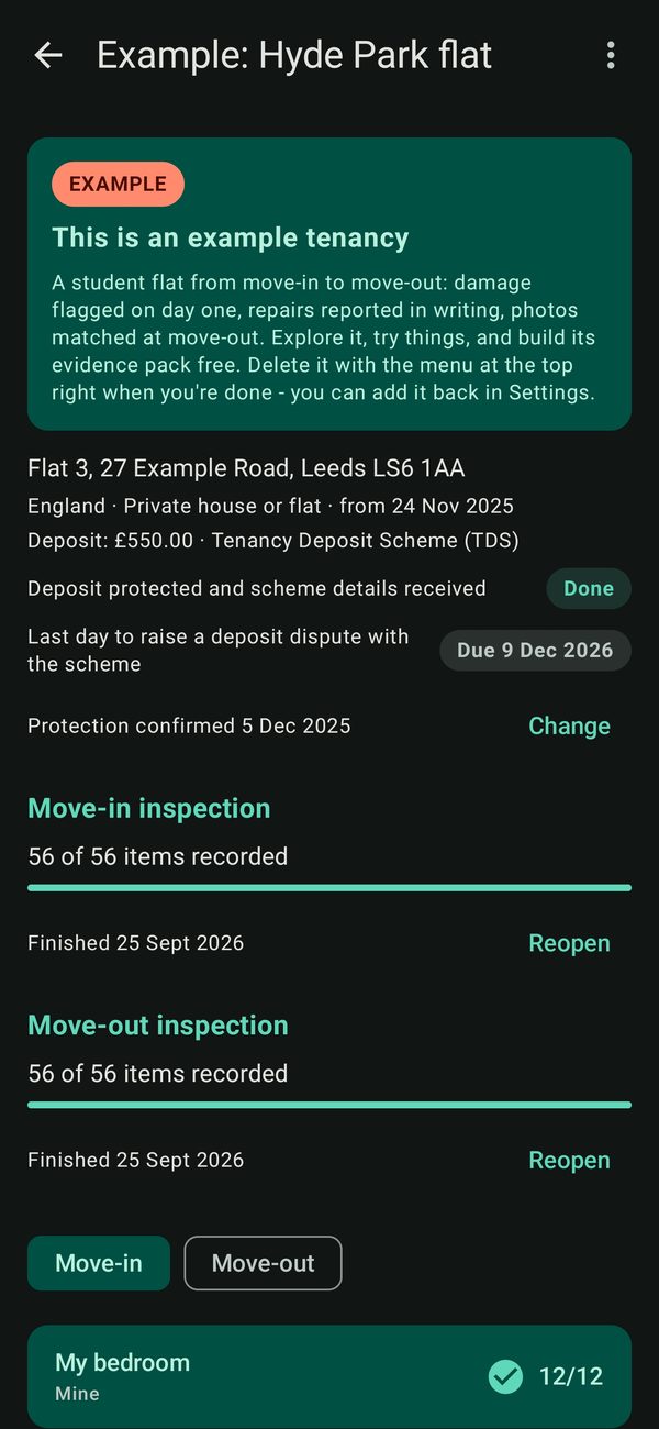 Property screen with an example tenancy banner, completed move-in and move-out inspections and a room-by-room progress list
