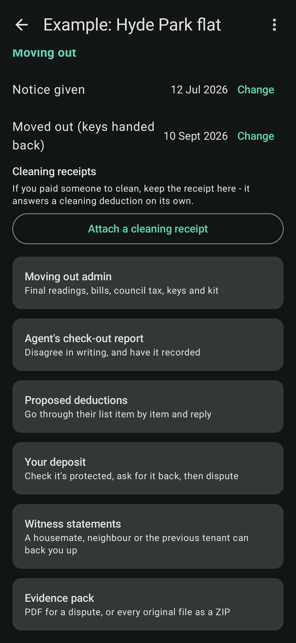Moving-out screen listing final readings, the agent's check-out report, proposed deductions, deposit, witness statements and the evidence pack