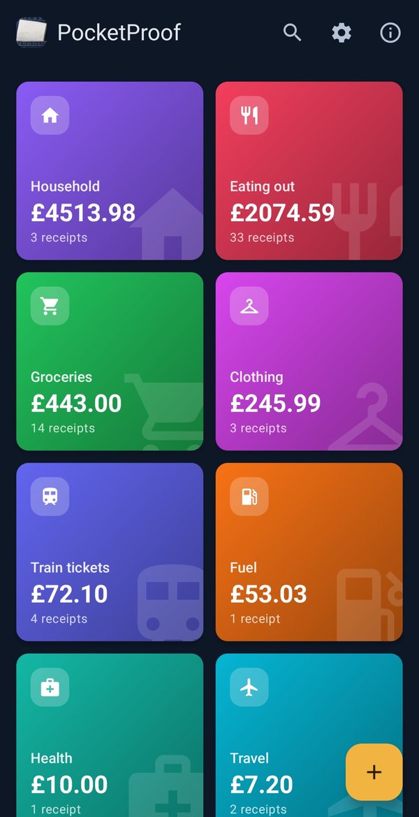 PocketProof home screen with colour-coded category tiles for household, eating out, groceries, clothing, train tickets, fuel, health and travel, each showing a total and a receipt count